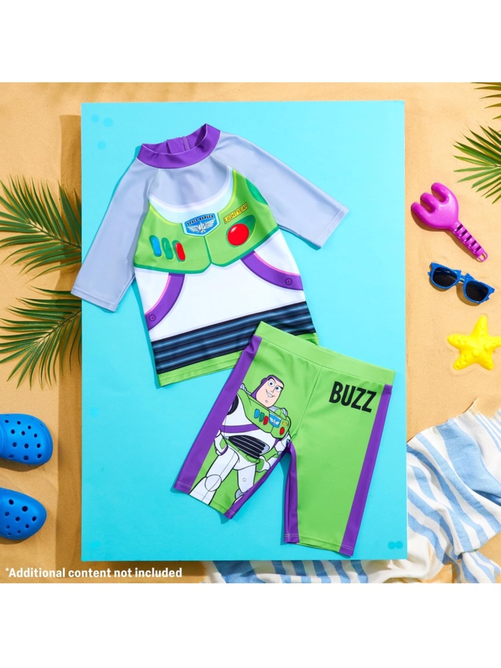 Disney Buzz Lightyear Green & Purple Kids Rash Guard Swim Set boy 6/7 6y 7y - Picture 4 of 6